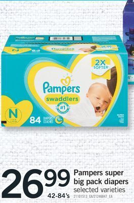 Fortinos Pampers super big pack diapers, 42-84's offer