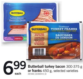 Fortinos Butterball turkey bacon, 300-375 g or franks, 450 g offer