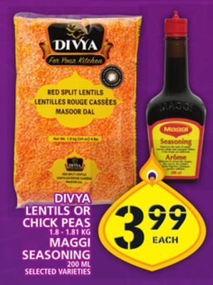 Food Basics Divya lentils or chick peas or maggi seasoning offer