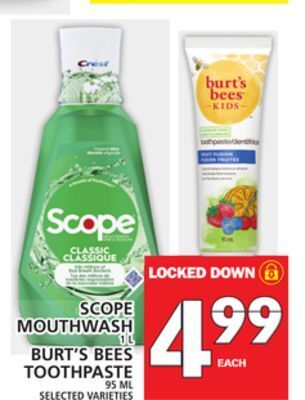 Food Basics Scope mouthwash or burt's bees toothpaste offer