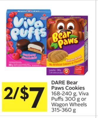 Foodland Dare bear paws cookies 168-240 g, viva puffs 300 g or wagon wheels 315-360 g offer