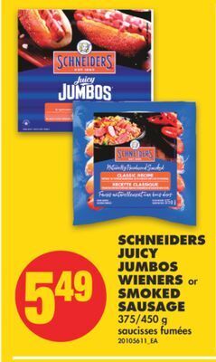 No Frills Schneiders juicy jumbos wieners or smoked sausage, 375/450 g offer