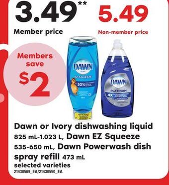 Loblaws Dawn or ivory dishwashing liquid 825 ml-1.023 l, dawn ez squeeze, 535-650 ml, dawn powerwash dish spray refill 473 ml offer