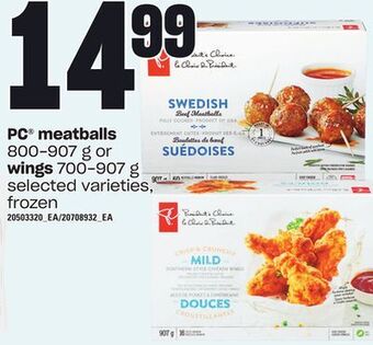 Loblaws Pc® meatballs, 800-907 g or wings 700-907 g offer