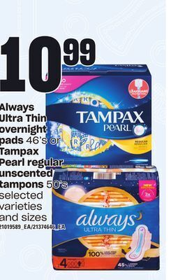 Loblaws Always ultra thin overnight pads, 46's or tampax pearl regular unscented tampons, 50's offer