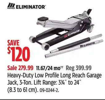 Canadian Tire Eliminator heavy-duty low profile long reach garage jack, 3-ton offer