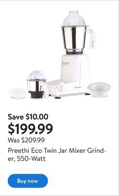 Walmart Preethi eco twin jar mixer grinder, 550-watt offer