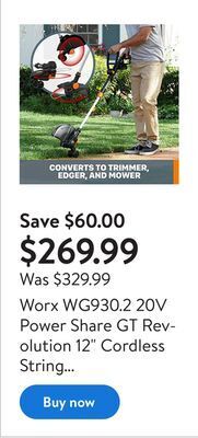 Walmart Worx wg930.2 20v power share gt revolution 12" cordless string trimmer & turbine leaf blower combo kit offer