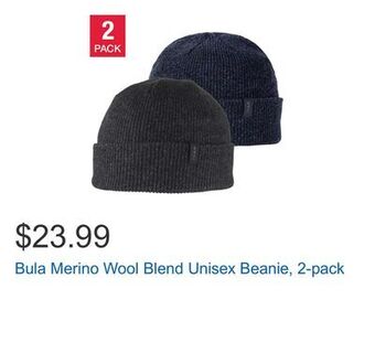 Costco Bula merino wool blend unisex beanie, 2-pack offer