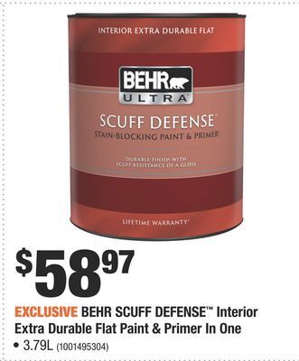 Home Depot Behr scuff defense™ interior extra durable flat paint & primer in one offer