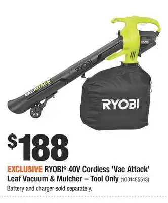 Home Depot Ryobi® 40v cordless 'vac attack' leaf vacuum & mulcher – tool only offer