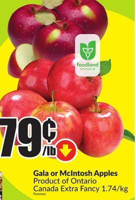 Chalo FreshCo Gala or mcintosh apples product of ontario canada extra fancy 1.74/kg offer