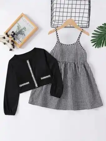 SheIn Girls ruffle trim fake button top & gingham cami dress offer