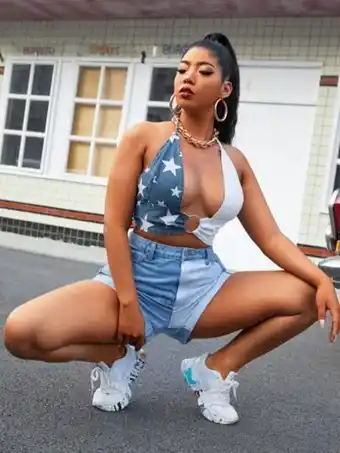 SheIn Plus o-ring tie back halter denim top offer