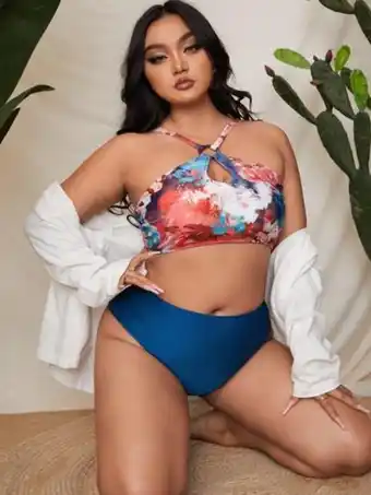 SheIn Plus allover print ring linked high waisted bikini swimsuit offer