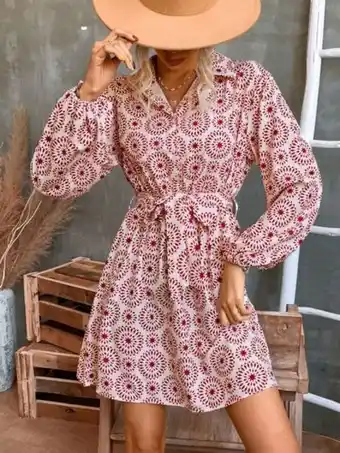 SheIn Floral print lantern sleeve belted dress offer
