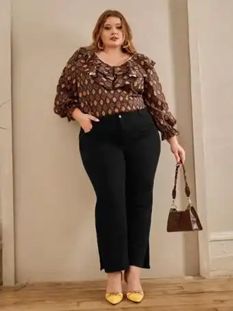 SheIn Shein fit+ plus floral print ruffle trim flounce sleeve blouse offer