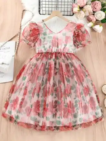 SheIn Girls allover floral print puff sleeve party dress offer