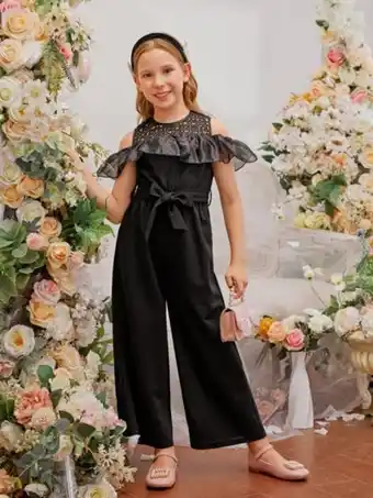 SheIn Shein girls guipure lace panel cold shoulder ruffle trim belted jumpsuit offer