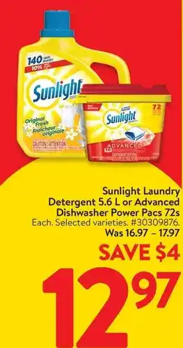 Walmart Sunlight laundry detergent 5.6 l or advanced dishwasher power pacs 72s offer