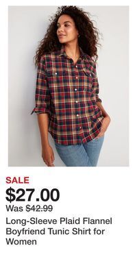 Old Navy Long-sleeve plaid flannel boyfriend tunic shirt for women offer