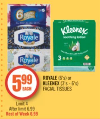 Shoppers Drug Mart Royale (6's) or kleenex (3's - 6's) facial tissues offer