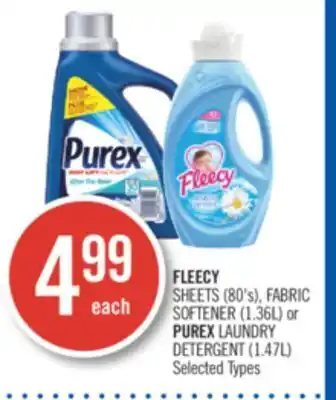 Shoppers Drug Mart Fleecy sheets (80's), fabric softener (1.36l) or purex laundry detergent (1.47l) offer