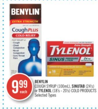 Shoppers Drug Mart Benylin cough syrup (100ml), sinutab (24's) or tylenol (18's - 20's) cold products offer