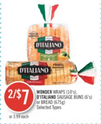 Shoppers Drug Mart Wonder wraps (10's), d'italiano sausage buns (6's) or bread (675g) offer