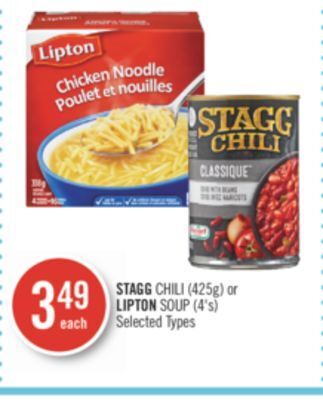 Shoppers Drug Mart Stagg chili (425g) or lipton soup (4's) offer