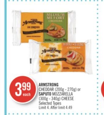 Shoppers Drug Mart Armstrong cheddar (200g - 270g) or saputo mozzarella (300g - 340g) cheese offer