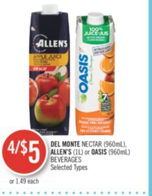 Shoppers Drug Mart Del monte nectar (960ml), allen's (1l) or oasis (960ml) beverages offer