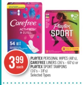 Shoppers Drug Mart Playtex personal wipes (48's), carefree liners (36's - 60's) or playtex sport tampons (16's - 18's) offer