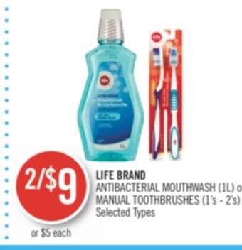 Shoppers Drug Mart Life brand antibacterial mouthwash (1l) or manual toothbrushes (1's - 2's) offer