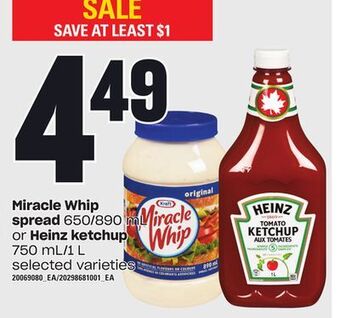Independent City Market Miracle whip spread, 650/890 ml or heinz ketchup, 750 ml/1 l offer