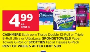 Rexall Cashmere bathroom tissue double 12-roll or triple 8-roll ultra or ultraluxe, spongetowels paper towels 6-roll or scotties fac offer