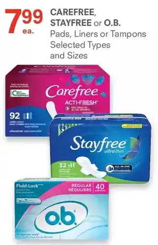 Guardian Pharmacy Carefree, stayfree or o.b. pads, liners or tampons offer