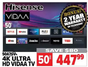 2001 Audio Video Hisense 50" 4k ultra hd vidaa tv offer
