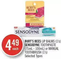 Shoppers Drug Mart Burt's bees lip balms, sensodyne toothpaste or manual toothbrush offer