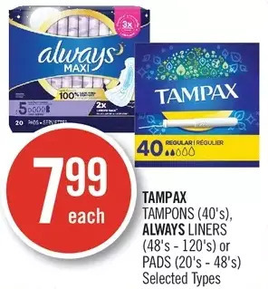 Shoppers Drug Mart Tampax tampons, always liners or pads offer