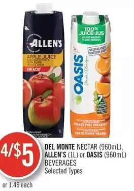 Shoppers Drug Mart Del monte nectar, allen's or oasis beverages offer