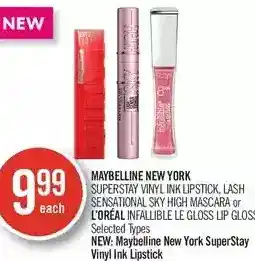 Shoppers Drug Mart Maybelline new york superstay vinyl link lipstick, lash sensational sky high mascara or l'oreal infallible le gloss lip gloss offer