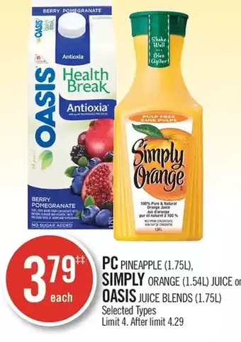 Shoppers Drug Mart Pc pineapple, simply orange juice or oasis juice blends offer