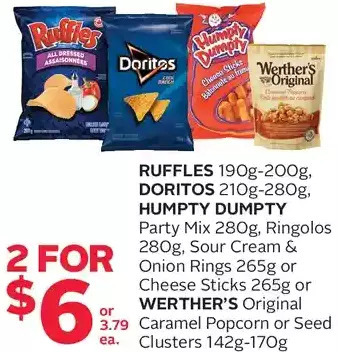 Rexall Ruffles, doritos, humpty dumpty party mix, ringolos, sour cream & onion rings or cheese sticks or werther's original caramel offer