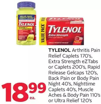 Rexall Tylenol arthritis pain relief caplets, extra strength eztabs or caplets, rapid release gelcaps, back pain or body pain night, offer