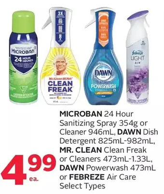 Rexall Microban 24 hour sanitizing spray or cleaner, dawn dish detergent, mr. clean clean freak or cleaners, dawn powerwash or febre offer