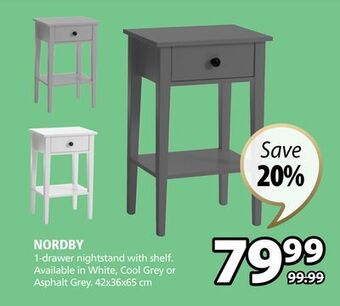 JYSK Nordby 1-drawer nightstand with shelf offer