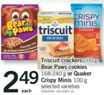 Fortinos Tricuit Crackers 200g, Bear Paws Cookies 168-240g or Quaker Crispy Minis 100g offer