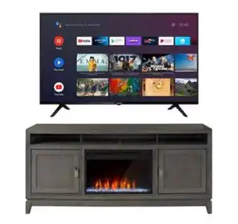 Aaron's Skyworth 75" smart 4k ultra hd tv w/ bayshore crystal fireplace tv console stand offer