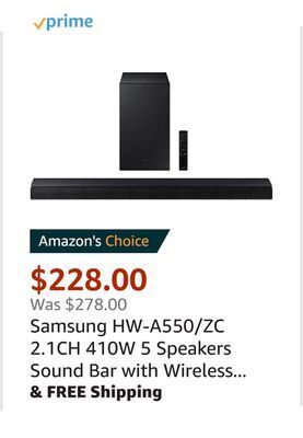 Amazon Samsung hw-a550/zc 2.1ch 410w 5 speakers sound bar with wireless subwoofer [canada version] (2021) offer